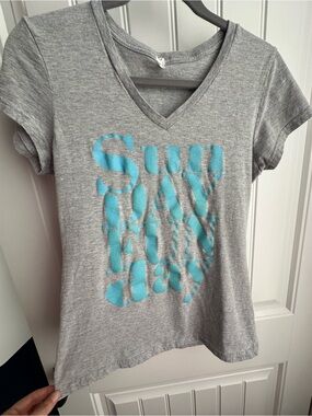 Women's Gray V-Neck Tee with Turquoise Graphic “Sunday Funday”